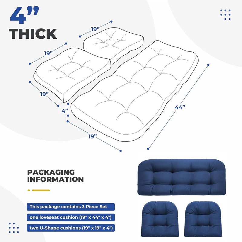 DANGHOOGY Wicker Chair Cushions, Waterproof Outdoor Loveseat Cushions for Patio Furniture, 3 Pieces Wicker Furniture Cushions, 1 Loveseat and 2 U-Shaped Cushions, Blue - Image 2